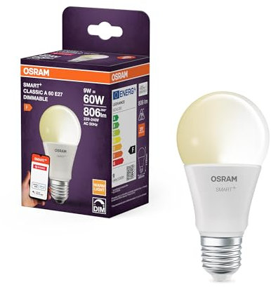 OSRAM Lampada LED SMART A60, forma lampadina E27, 9W ZigBee 3.0, dimmerabile 2700K bianco caldo, controllo tramite app, Alexa, Google Assistant