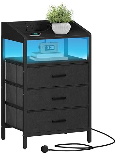 Hzuaneri Bedside Table, Charging Station & LED Light, Black | Bedside Cabinet with 3 Fabric Storage Drawers and Shelves, Nightstand with USB Ports & TypeC for Bedroom, NS36304BUK