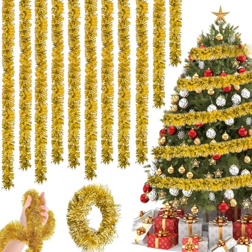 10 PCS Espumillón de Navidad, Guirnalda de Oropel de Navidad, 2m, Metálico Oropeles Brillantes Decoración, Espumillón de n-avidad para Decoración de Ventana Pared Adornos NavideñOs (Dorado)