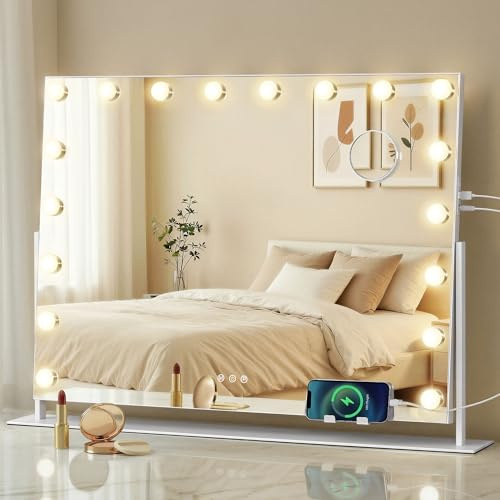 Songmics Sminkspegel med belysning, kosmetisk spegel med 18 LED-lampor, med laddningsportar, pekkontroll, 3 ljusfärger, dimbar, mobiltelefonhållare, 80 x 60 cm, mattvit LWM003WC02