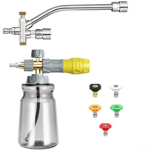 Yuanpgky Pulvérisateur à mousse portable pour nettoyeur haute pression avec double connecteur et valve bidirectionnelle, flacon de 1000 ml, buse en acier inoxydable et laiton, compatible avec la lance