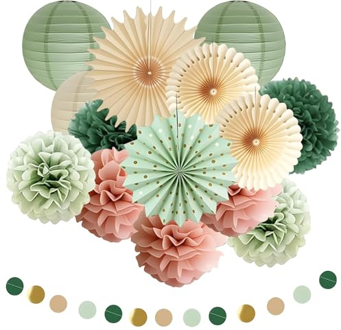 Décorations de fête vert sauge et rose pâle, rose, vert olive, pompons, papier de soie, lanterne en papier, guirlande en papier, pour Fête, Mariage, Anniversaire, Garden Party