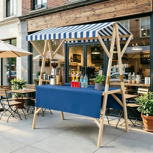 STCERY Carrito De Madera Plegable para Alimentos con Toldo, Puesto Tipo Mercado, Carrito De Venta para Exteriores, para Eventos Y Festivales(Blue 1,150cm/59in)