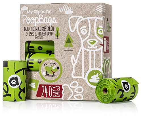 My AlphaPet Sacchetti per Escrementi Cani compostabili – in amido di Mais – con Certificazione EN 13432 – 240 Sacchetti, 16 Rotoli inodore – 23x33 cm – Sacchetti per bisogni a Prova di Perdita