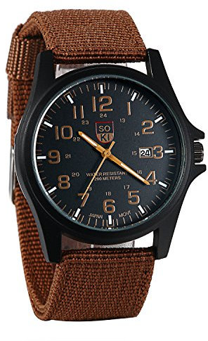 JewelryWe Men Army Date Sport Wrist Watch Analog Quartz Watches with Coffee Nylon Band