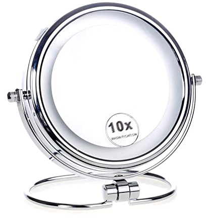 HIMRY LED stativ kosmetikspegel 18 cm vikbar, metall förkromad bordsspegel belysning, smink, rakning, badrumsspegel, dubbelsidig 360° roterbar, 10-vägs förstoring, KXD3137-10x