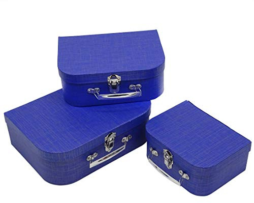 Juego de 3 cajas de carton, en formato de maleta y con dibujos bonitos,para guardar cositas o para empaquetar regalos. (Textil azul)