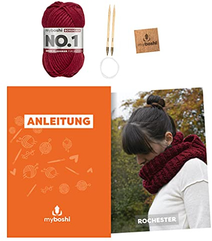 myboshi Strickset Rundschal Rochester, inkl. No.1 Wolle, Nadel und Anleitung, für Mützen und Schals, Strickpaket, 30% Merinowolle Rot, mit Rundstricknadel