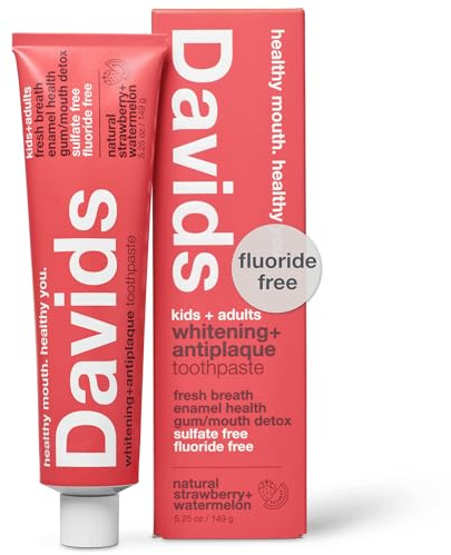 Davids Fluoride Free Kids & Adults Toothpaste, Teeth Whitening, Antiplaque, SLS (Sulfate) Free, Promotes Enamel Health, Mouth & Gum Detox, Natural Strawberry Watermelon, 5.25oz