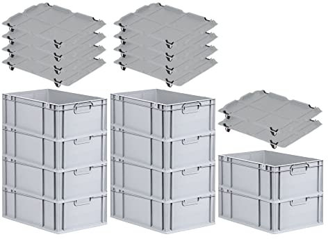 PROREGAL SparSet 10x Eurobox NextGen Grip mit Auflagedeckel & 4 schwarzen Schiebeschnappverschlüssen, HxBxT 22x40x60cm, 44 L, Grau, Griffe geschlossen, Eurobehälter, Transportbox