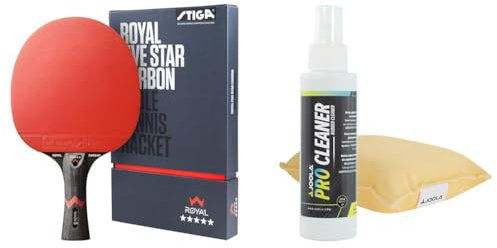 STIGA Royal 5 Sterne Tischtennis Schläger Pro Carbon, Schwarz/Rot & JOOLA Rengøringssæt Pro Cleaner Belag Reiniger und Reinigungsschwamm, Durchsichtig, 125ml EU