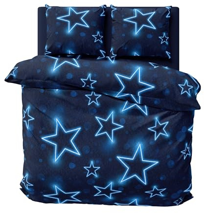 one-home Winter Bettwäsche 200x200 cm Sterne dunkel blau leuchtoptik Flausch Warme Fleece