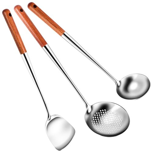 JIVIMOCO Espátula y Cucharón para Wok, Juego de Herramientas para Cuchara Desnatadora, Espátula de 17 Pulgadas, Acero Inoxidable 304