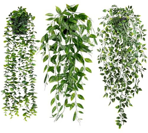 EPULLWUP 3 Stück Künstliche Hängepflanzen mit Töpfen, Künstliche Pflanzen Hängend, Künstliche Pflanzen Hängend für Büro Wohnzimmer Indoor Outdoor Hausgarten Decor