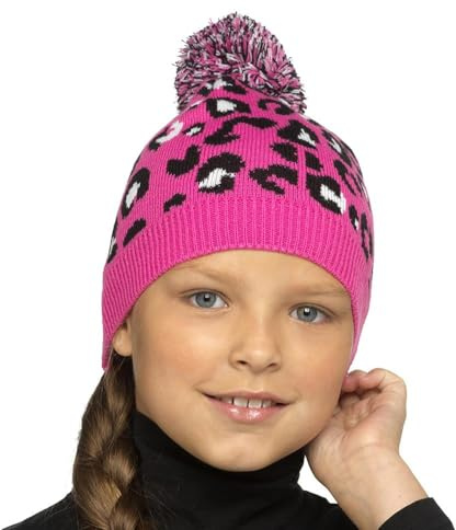 A2Z 4 Kids Mädchen Mützen Leopard Gestrickte Bommel Beanie Stilvoll Haltbar Weich Winter Warm Gemütlich Kappen - Hat KH969 Pink Leopard One Size