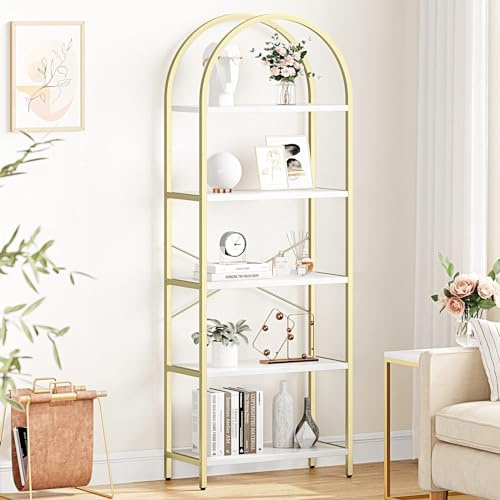 OPULENTHOME Regal Gold Metall, Bücherregal 5 Ebenen,180cm, Regal Offen mit Kippschutz und Verstellbaren Füßen,Standregal für Wohnzimmer, Schlafzimmer, Büro, Marmor-Finish