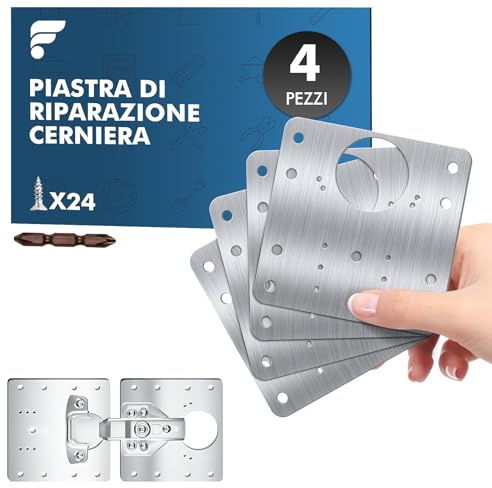 Shinfly Placa Reparación Bisagra 4 Piezas, Acero Inoxidable 0,55 mm, 9 x 9 cm, Kit con 24 Tornillos y Punta Phillips, Refuerzo para Bisagras Puertas Cocina, Bisagras Puertas Madera y Armarios