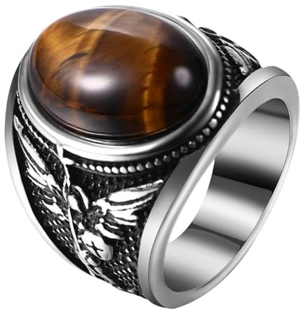 JewelryWe Helig Michael-ring med tigeröga: Rostfritt stål herrring ärängel St Michael ring herr sigillring med brunt ovalt tigeröga retro skydd fingerring skyddshänge smycken storlek 65, Tigeröga