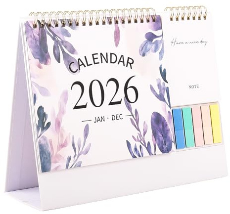 Fiohiros 2026 Floral Desk Calendar – Double-Sided 250g Paper, Vibrant & Elegant, Monthly Date Organizer with Space for Notes, 20 Blank Sticky Notes & 5 Colored Markers (Purple)