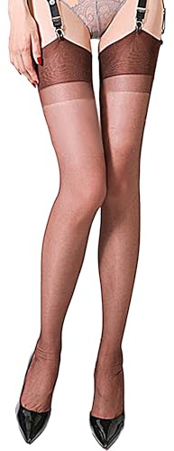 Luxallacki Solid-Colour Ultra Sheer Non-Stretchable Nylon Thigh-High Stockings with Wide Welt, for Suspender Belts, Retro Style M-XL