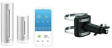 Netatmo Wetterstation innen und außen mit Außensensor und Wettervorhersage, Kompatibel mit Alexa & Halterung für Regenmesser und Windmesser, schwarz