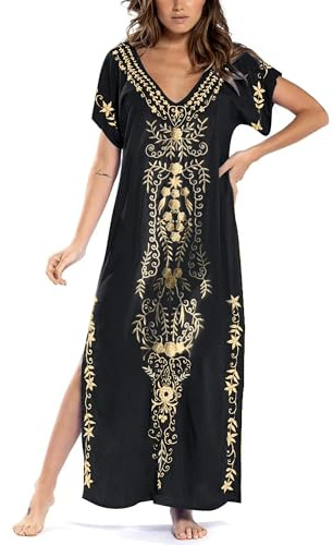 Busbseach Caftan Dresses for Women Embroidery Short Sleeve Beach Cover Up V Neck Maxi Kaftan Dress