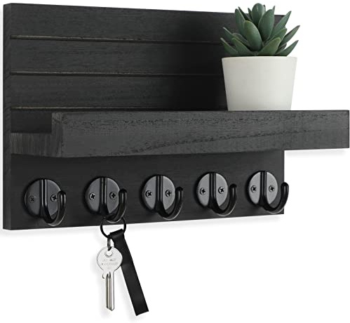 Lwenki Key Holder for Wall, Decorative Key and Mail Holder with Shelf Has Large Hooks for Bags, Coats, Umbrella – Paulownia Wood Key Hanger with Mounting Hardware (9.8”W x 6.7”H x 4.2”D)