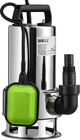 BAKAJI Pompa Immersione Pompa Sommersa Elettropompa Acque Scure Sporche e Pulite Con Galleggiante 1100 W Profondità di Immersione 7 M Lunghezza Del Cavo 10 M Motore in Acciaio