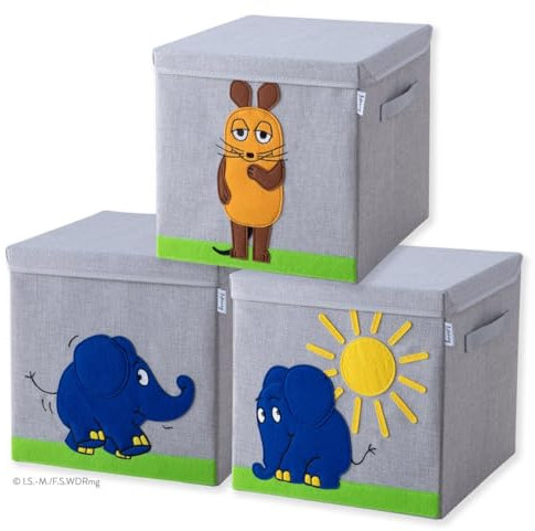 LIFENEY meets Die Maus 3x Aufbewahrungsbox mit Deckel für Kinder – Boxen mit der bekannten Maus und dem beliebten Elefanten im 3er Set – 33 x 33 x 33 cm passend für klassische Würfelregale