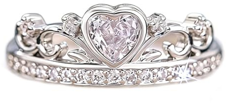 Koguxuix Princess Queen Crown Ring 925 Sterling Silver Shiny Eternity Heart-Shaped Cubic Zirconia Crystal Diamond Promise Ring Zircon Jewelry for Women(7)