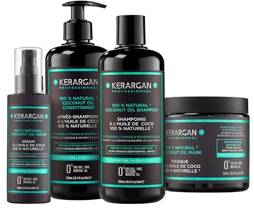 Kerargan - Set Hidratante Champú, Acondicionador, Mascarilla & Sérum con Aceite de Coco - Cuidado Completo para Cabellos Deshidratados, Dañados - Sin Sulfatos, GMO, Silicona - 3x500 ml + 100ml