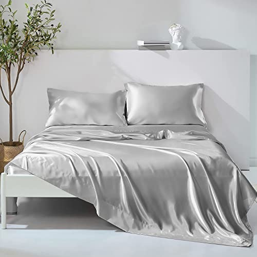 Wotcsil 4 Pezzi Completo Lenzuola Raso Una Piazza e Mezza Set Tinta Unita Biancheria da Letto Satin 150x200+Angolo 36 cm con Lenzuolo Sopra, Lenzuola Sotto con Angoli, 2 Federa, Grigio Chiaro