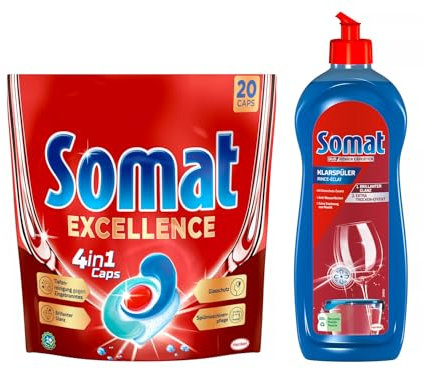 Somat Excellence 4in1 Caps (20 Caps) schnellauflösend, exzellente Reinigung & Glanz für Eco-Programm & Somat Klarspüler Gläsern und Geschirr Extra-Glanz | 750 ml (1er Pack)
