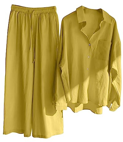 Tvådelad dräkt i ledig stil för damer, byxor och skjorta, bekväm outfit i retrostil, perfekt för vardag, plusstorlek, bomullstyg med knappar, hög midja, lös passform, fickor, byxdress
