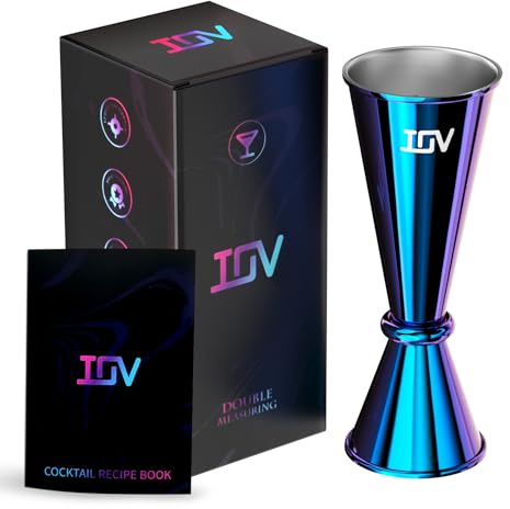 IOV Jigger for Bartending, Professional Double Cocktail Jigger with Recipes Booklet, Japanese Premium 18/8 stainless steel jigger 2 oz 1 oz with Dimensions Inside Measuring Cocktails Jigger-Rainbow