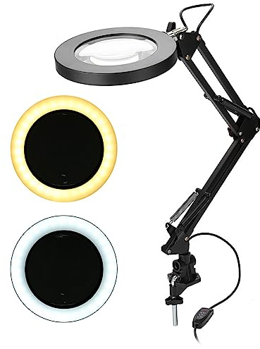 lyrlody Lámpara de aumento LED con soporte de pinza, lupa de tatuaje de belleza, 5 lupa, rotación de 360°, altura ajustable, lámpara con lupa, soporte para manicura, delineador de ojos, tatuaje,