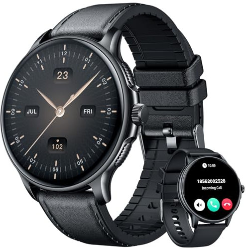 Smartwatch Herren Armbanduhr Fitnessuhr Wasserdicht: Smart Watch mit 1,43 AMOLED Touchscreen lederarmband Rund Blutdruck Herzfrequenz Sport Schrittzähler Telefonfunktion Herrenuhr fuer Android iOS