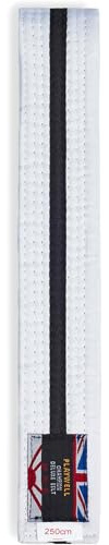 Playwell kampsport bomull vitt bälte med färgade ränder graderingsbälte - (Karate, Judo Taekwondo), Vitt bälte med svart rand, 220cm