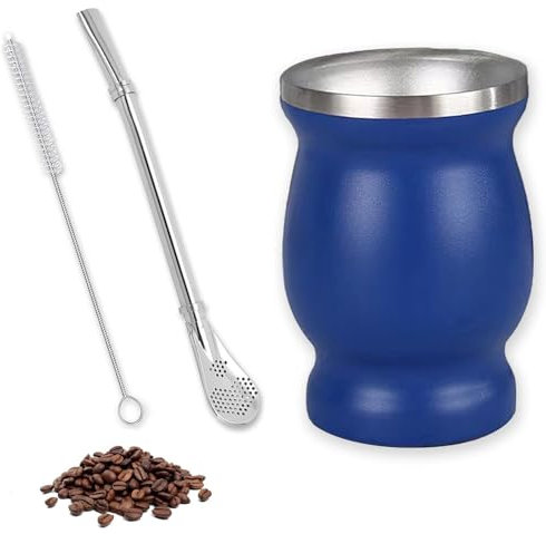Juego de Taza de Calabaza de Acero Inoxidable,Taza Mate de Acero Inoxidable con Doble Pared Aislante, 260ml Juego de Té Mate, con Cuchara para Pajita y Cepillo de Limpieza(Azul)
