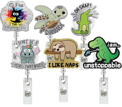 ZioNNyxviana 6 Pcs Funny Acrylic Badge Holder - Waterproof Retractable with Alligator Clip Lightweight, Badge Reel for Key Keychain, Ideal for Coworkers Teachers Students Doctors, Ideal Gift