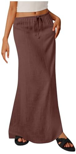 Faldas casuales de verano para mujer, tela similar al lino, falda larga con cordón, cintura elástica, maxifaldas, ropa de playa