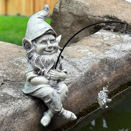 GARDEN WHISPER Gnome Statue Outdoor Garden Pond Koi Decoration, Fishing Gnome Sculpture Garden Koi Pond or Waterfall Decor, 9.7 Dwarf Fishing Poolside Statue, Great Gifts for Mom (Cartoon Style)