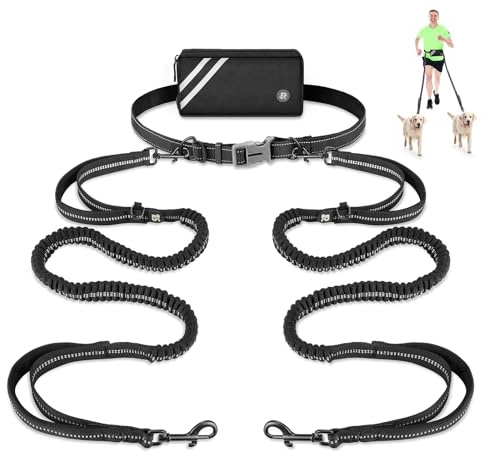 2 Joggingleine Hunde, Freihändig Laufleine für Hunde, Bauchgurt Hundeleine zum Joggen Laufen Wandern mit Dual Griffe, Reflektierende Nähte