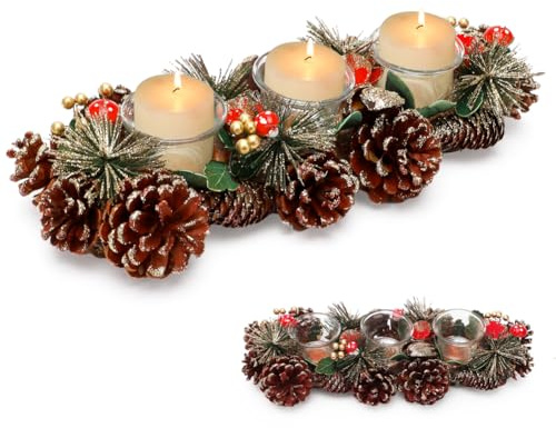 Gohytal Portacandele Decorativo per Natale, Candele Natalizio, Ghirlanda Natalizia Artificiale con Pigne, Bacche Rosse e Fiocchi per Tavola e Centrotavola di Natale, 3 Candele