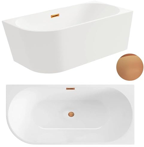 Aquauno - Baignoire d'angle autoportante à droite - 160 x 80 cm - Ovale - En acrylique sanitaire de qualité supérieure - Baignoire en acrylique avec bonde clic-clac, trop-plein, couvercle et bonde