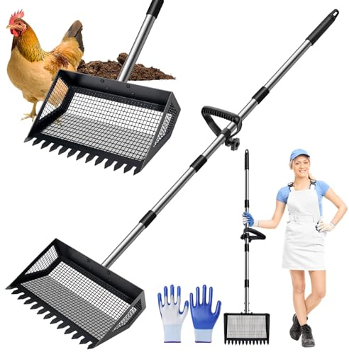 Chicken Poop Scooper & Rake 2-in-1, 32 to 68 Adjustable Stainless Steel Chicken Litter Scoop with Handle and Glove for Chick Coop Sands Multifunctional Litter Sifting Shovel for Hen Animals House