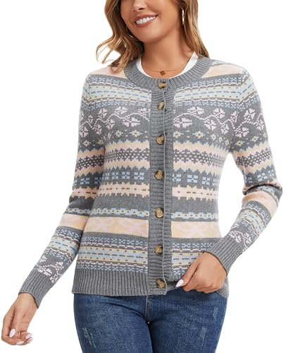 Bolero Mujer Cardigan Corto Hueco Grueso Chaqueta de Punto Manga Larga con Botones Rebecas Cuello Redondo Antiguo Básico Clásico Gris_B XXL