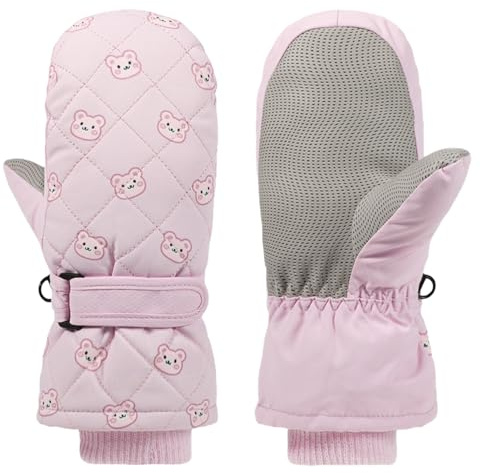 Jupsk Toddler Winter Ski Gloves Waterproof Snowboard Mittens Anti Slip Plush Thermal Warm Cute Bear Gloves for Kids Children Girls Boys 4-7 Years (Pink)