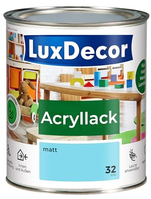 LuxDecor Acryllack 750ml Matt (32) Blaue Lagune, Holzlack Buntlack, Spielzeuge Metall Möbel Fenster, Sicher Kindermöbel Spielzeuge