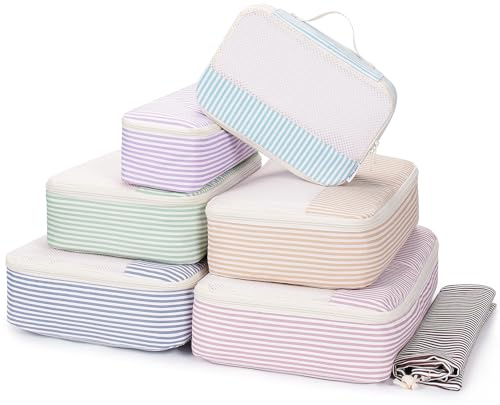 Narwey 7 Teilige Koffer Organizer Set, Packing Cubes Backpack Rucksack Organizer Set Kofferorganizer Reise Packwürfel Packtaschen für Koffer Reiseorganizer Travel Essentials (Kombiniert Streifen)